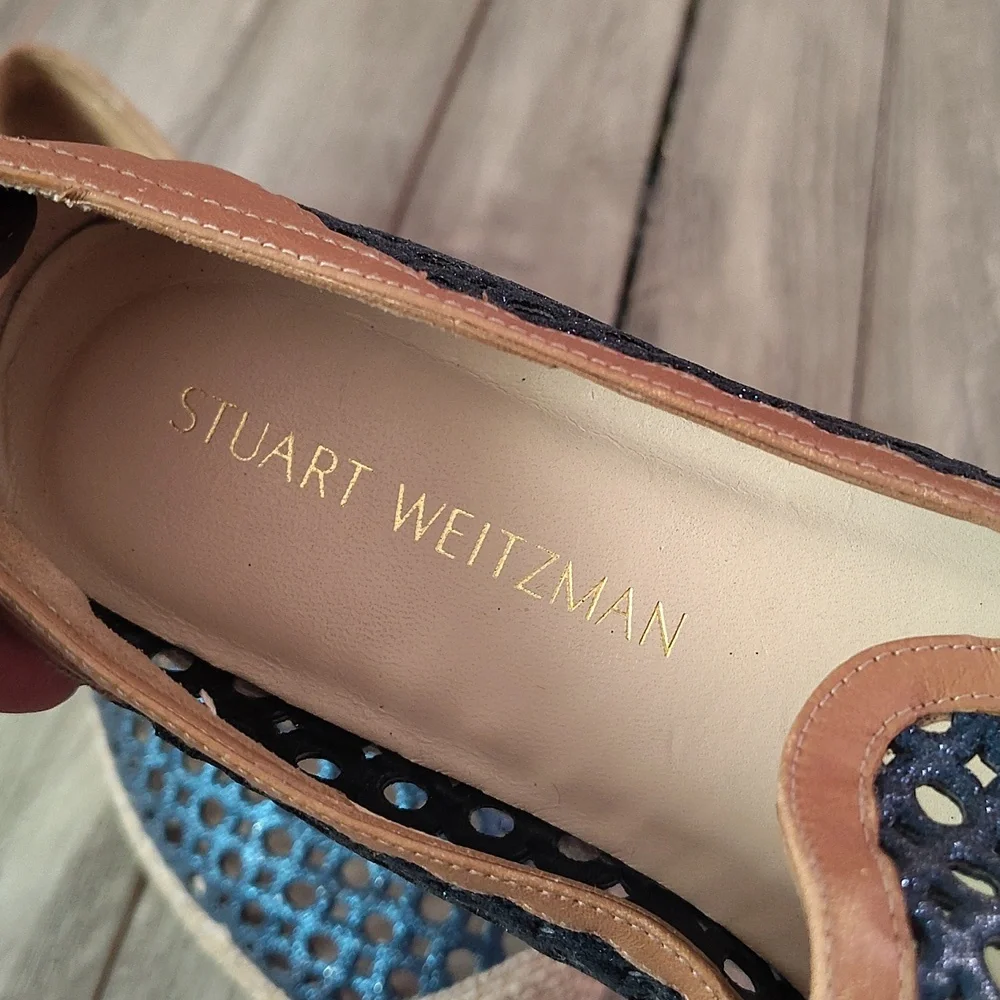 Stuart Weitzman Metallic Blue Glitter Laser Cut County Espadrilles Size EU 40